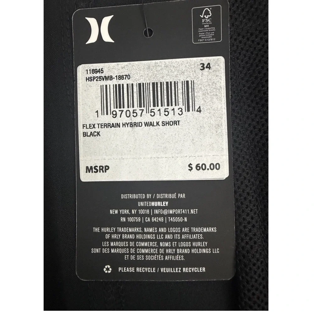 Hurley Men's Black Size 34 Flex Terrain Hybrid Walking Shorts 9.75 In Inseam New